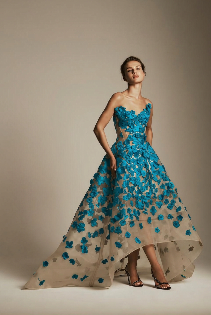 Turquoise sweetheart applique ball gown evening dress