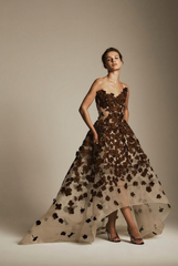 Chocolate sweetheart applique ball gown evening dress