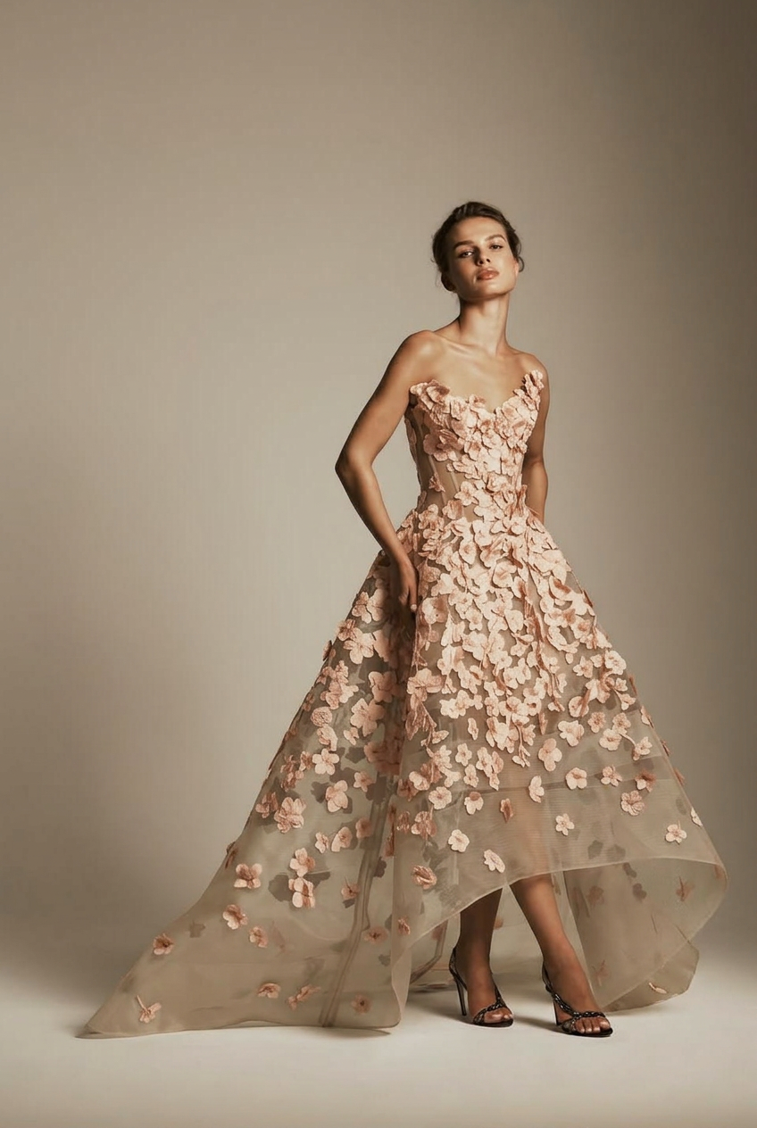 Pearl pink sweetheart applique ball gown evening dress