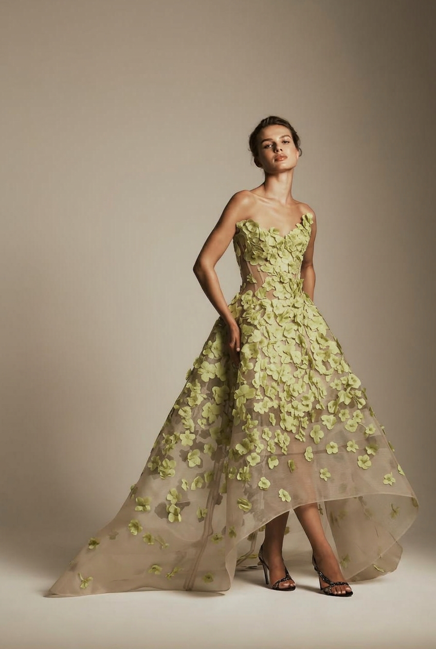 Sage sweetheart applique ball gown evening dress