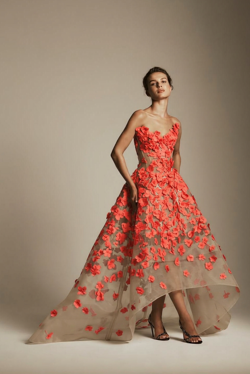 Coral sweetheart applique ball gown evening dress
