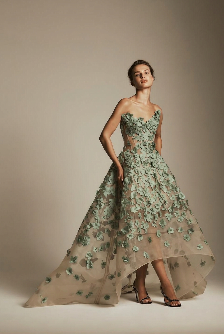 Dusty sage sweetheart applique ball gown evening dress