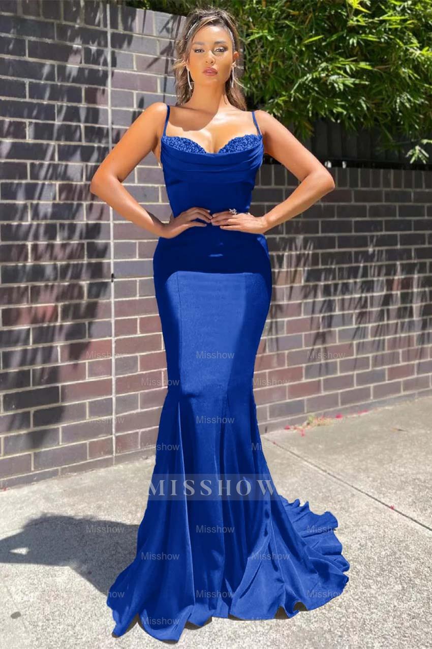 Navy Blue Sweetheart Sleeveless Mermaid Beaded Ruffles Floor Length Formal Evening Gown