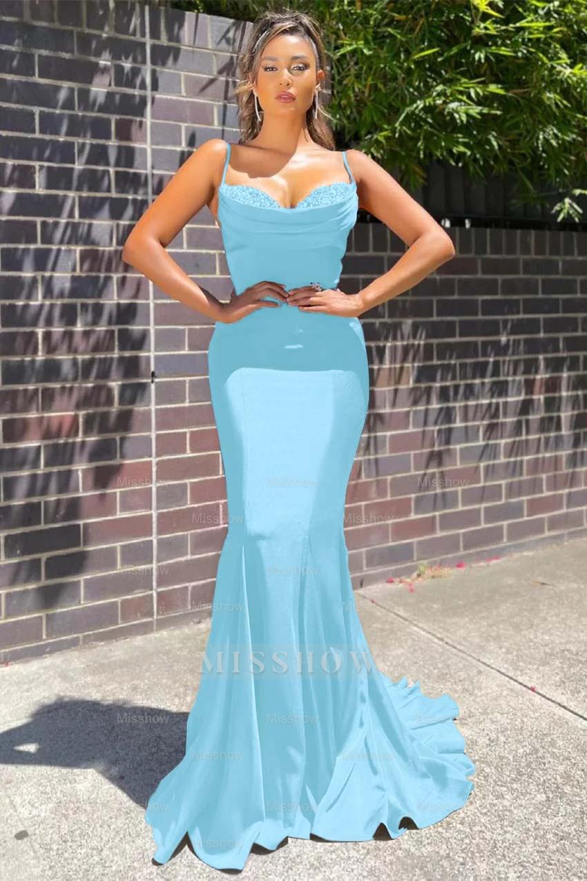 Navy Blue Sweetheart Sleeveless Mermaid Beaded Ruffles Floor Length Formal Evening Gown