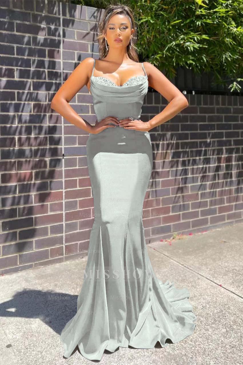 Navy Blue Sweetheart Sleeveless Mermaid Beaded Ruffles Floor Length Formal Evening Gown