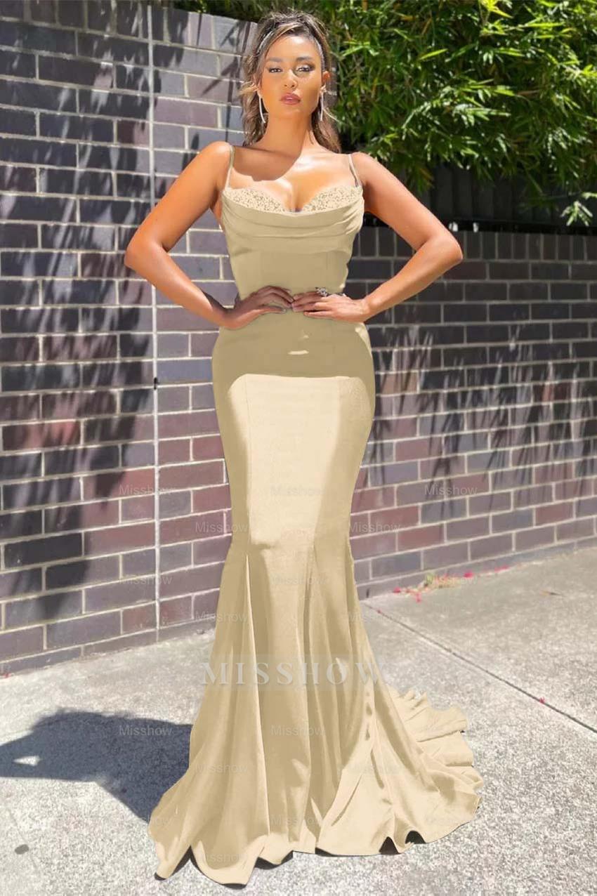 Navy Blue Sweetheart Sleeveless Mermaid Beaded Ruffles Floor Length Formal Evening Gown