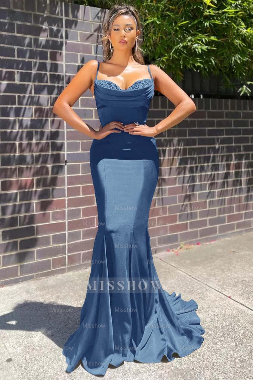 Navy Blue Sweetheart Sleeveless Mermaid Beaded Ruffles Floor Length Formal Evening Gown
