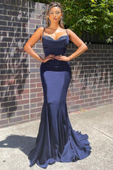 Navy Blue Sweetheart Sleeveless Mermaid Beaded Ruffles Floor Length Formal Evening Gown