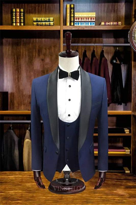 Navy Blue Three-Piece New Arrival Wedding Suit With Black Shawl Collar
