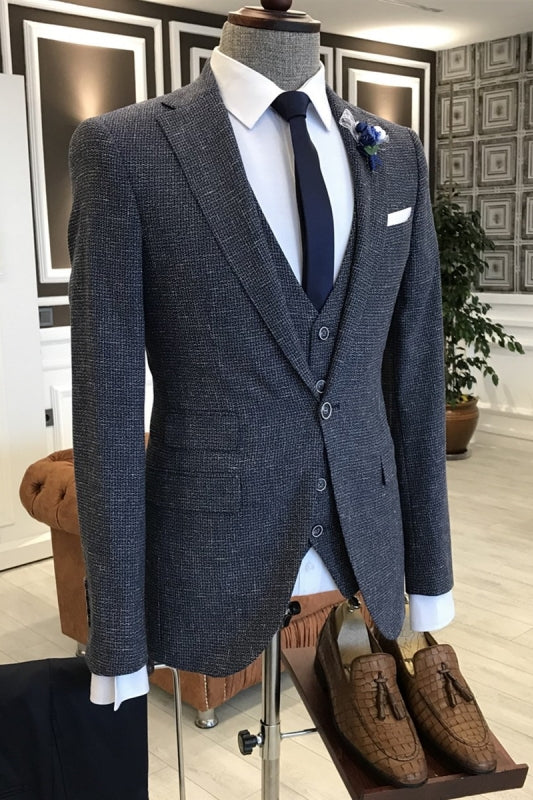 Navy Blue Three-Piece Notched Lapel Business Suit
