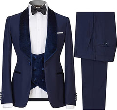 Navy Blue Trim Fit Three-Piece Groom's Wedding Suit