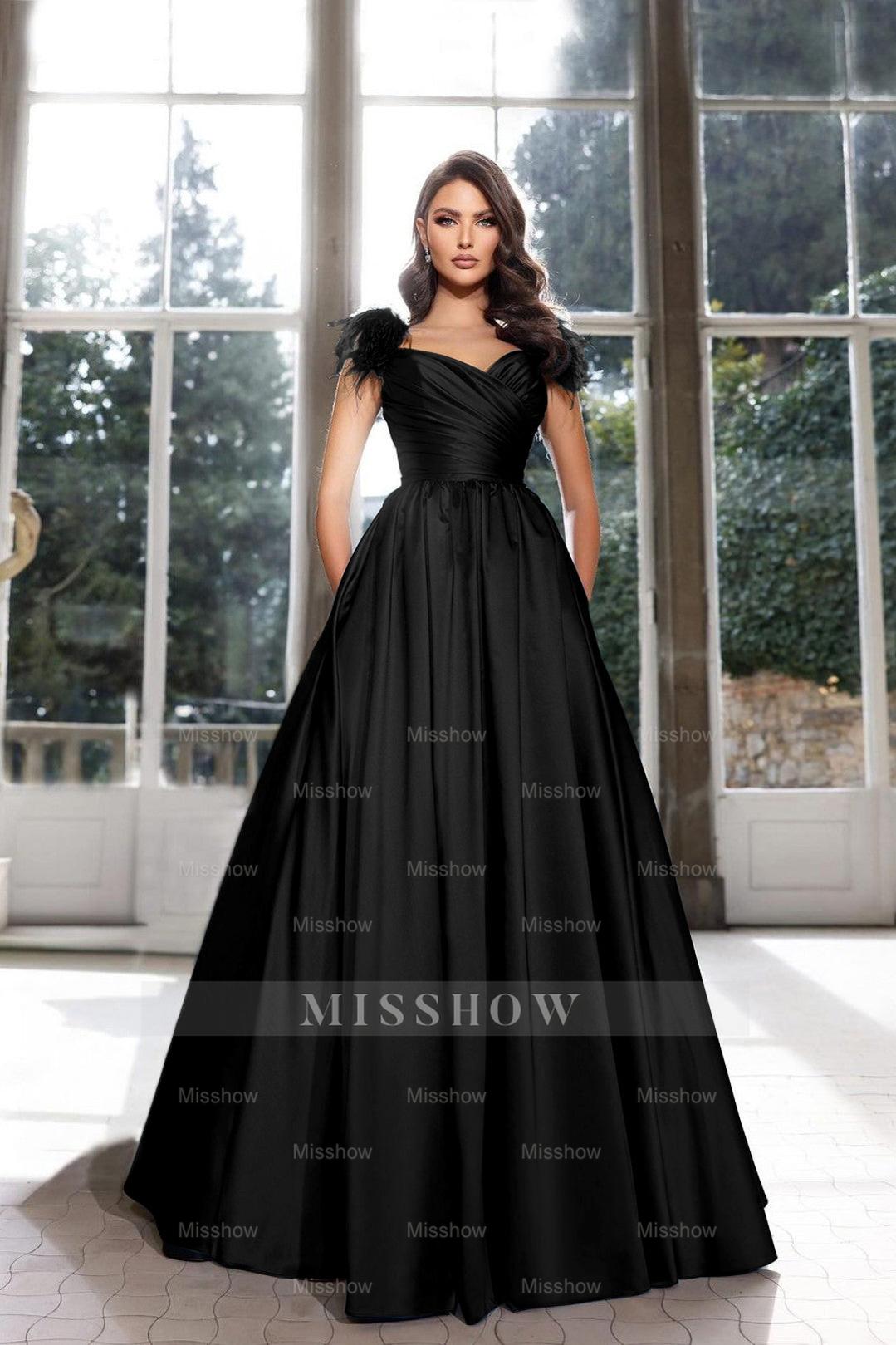 Black sweetheart feather A-line evening dress