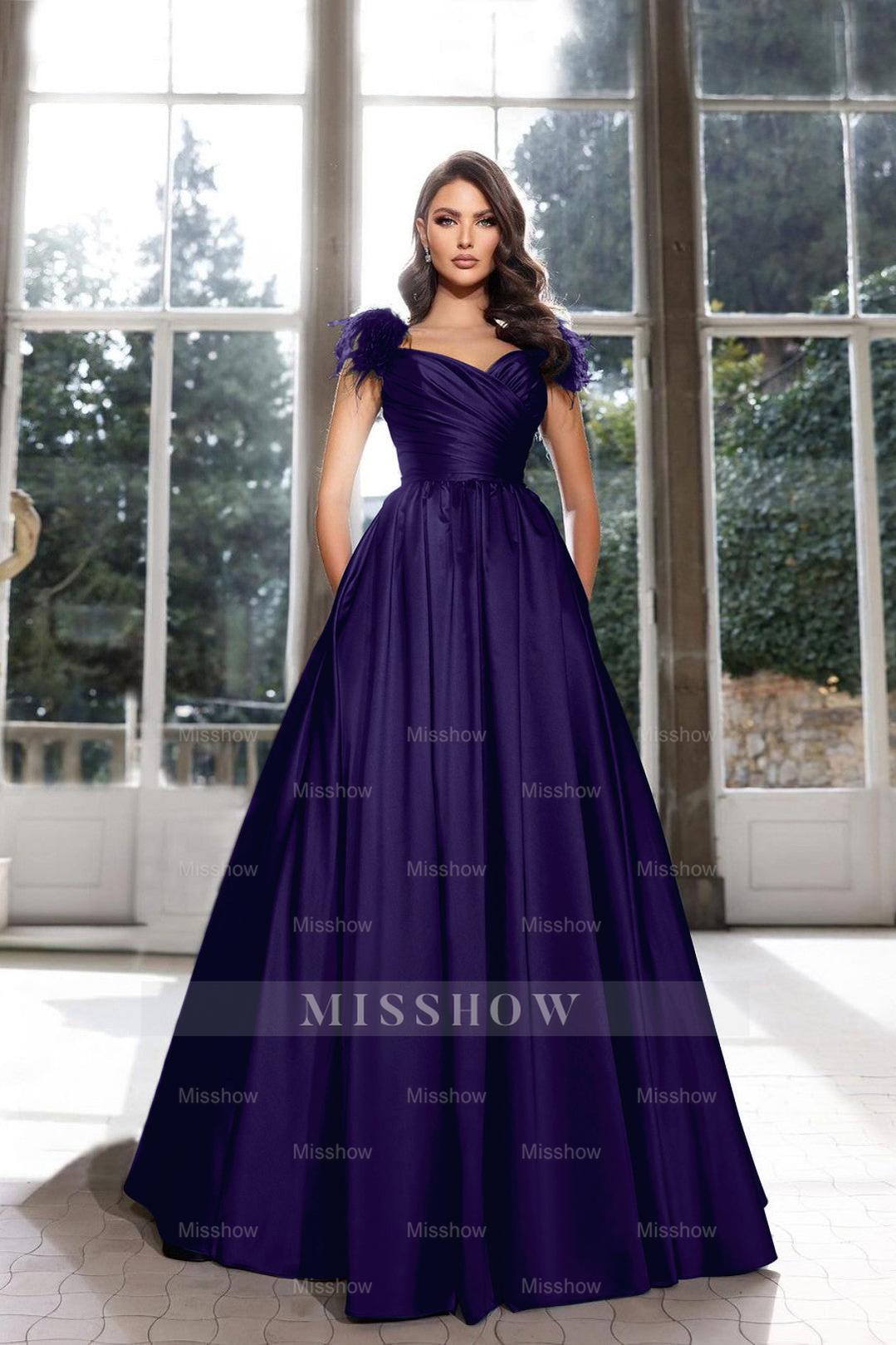 Purple sweetheart feather A-line evening dress