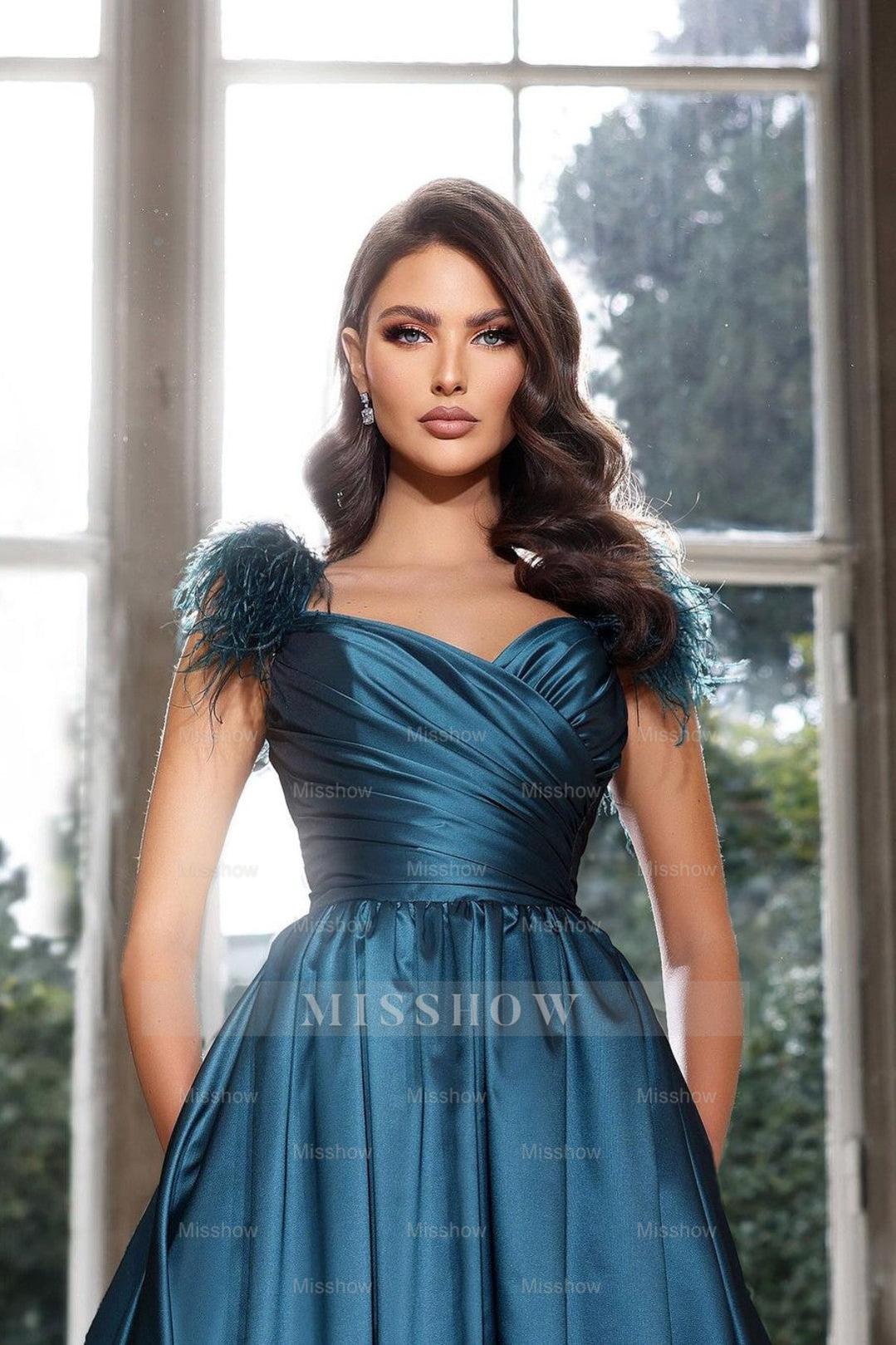 Teal sweetheart feather A-line evening dress