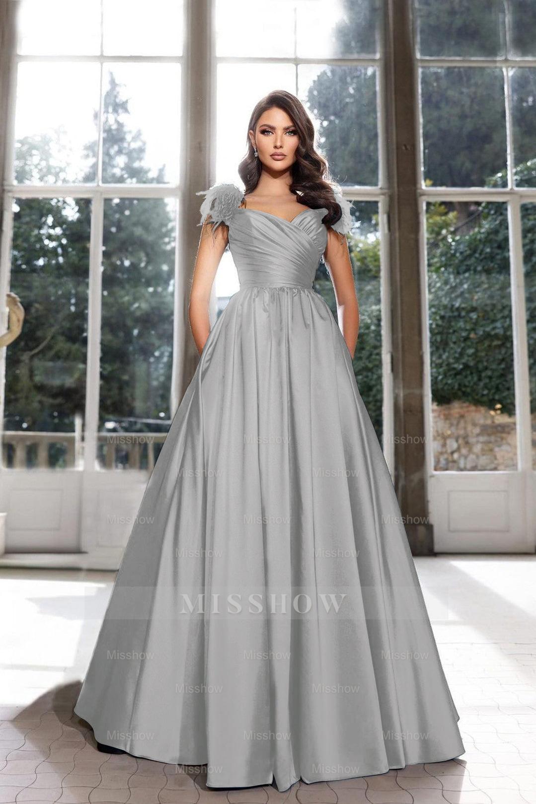 Grey sweetheart feather A-line evening dress