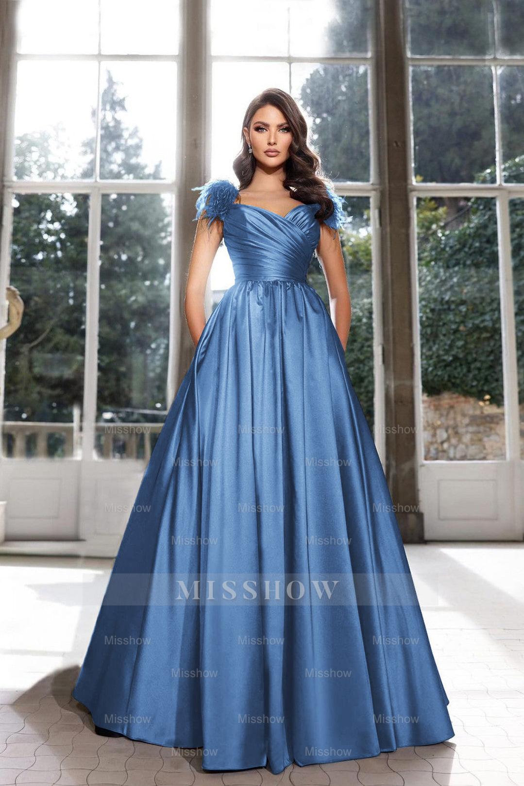 Dusty blue sweetheart feather A-line evening dress
