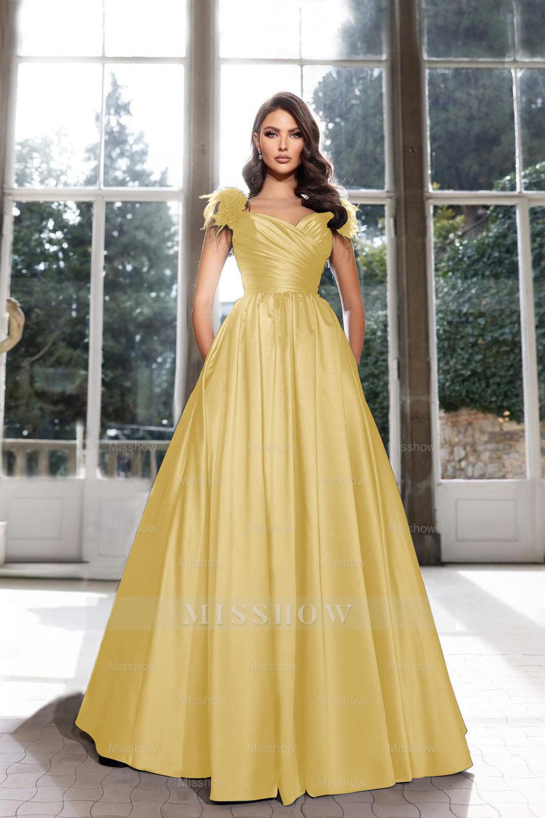 Yellow sweetheart feather A-line evening dress