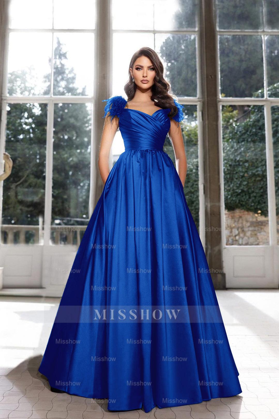Royal blue sweetheart feather A-line evening dress