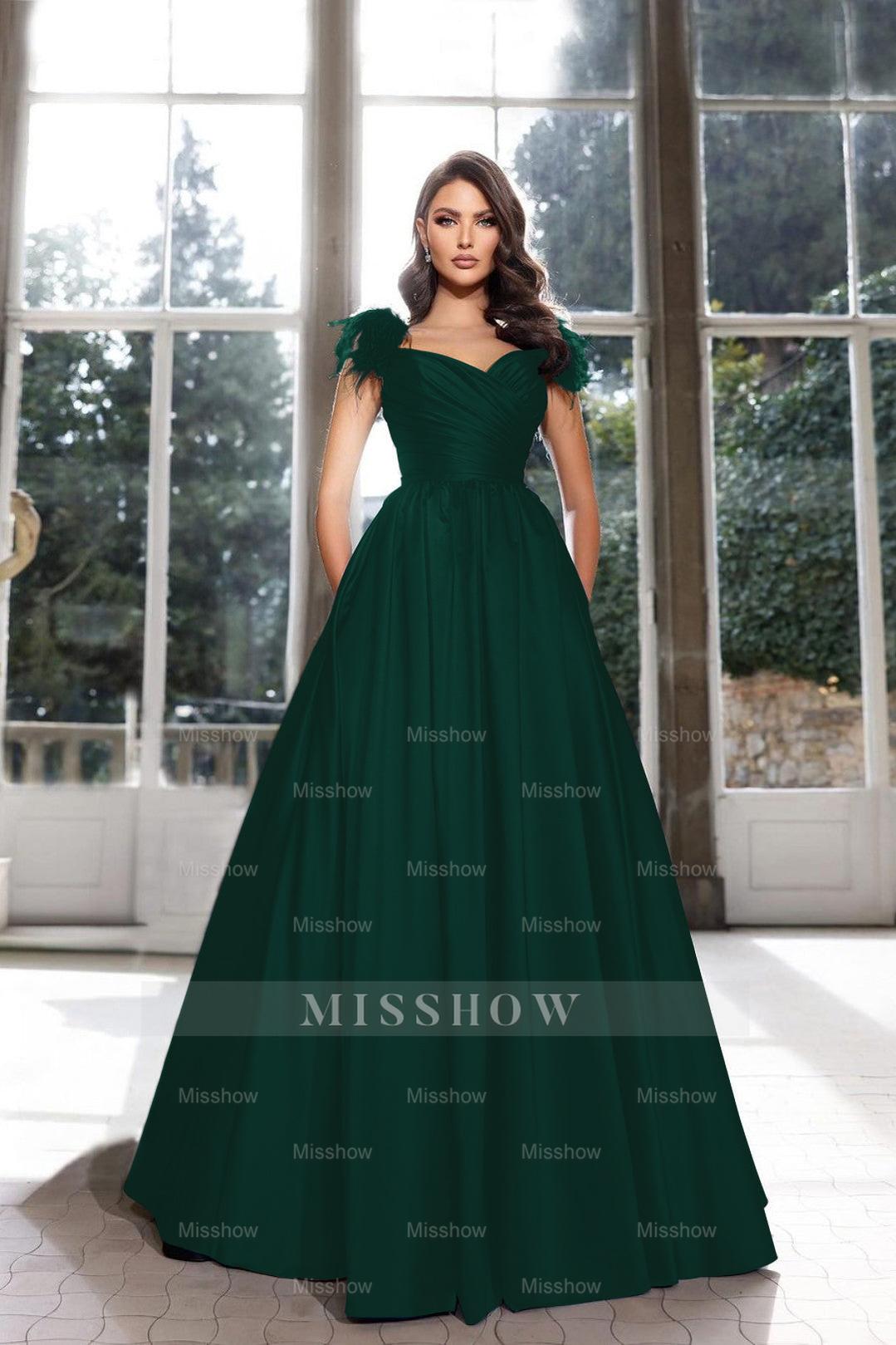 Dark green sweetheart feather A-line evening dress