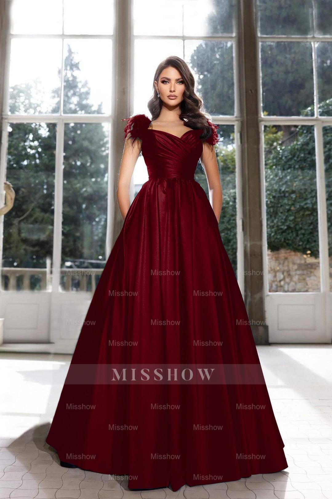 Burgundy sweetheart feather A-line evening dress