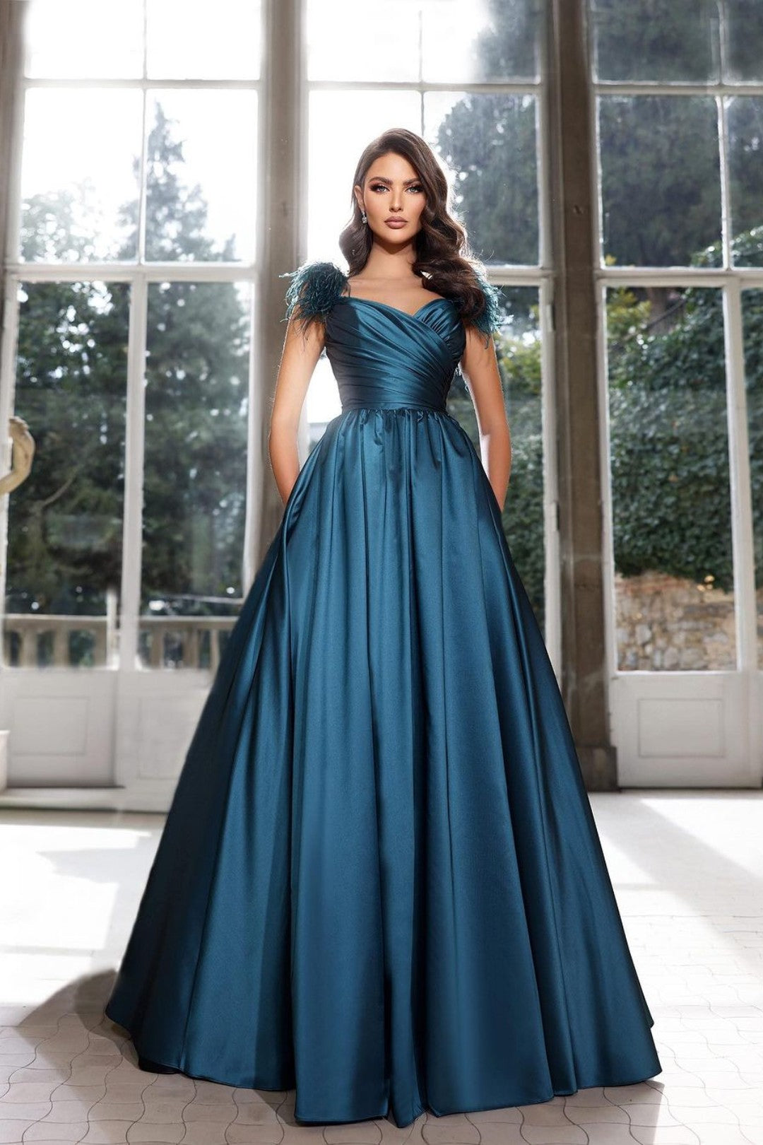 Teal sweetheart feather A-line evening dress