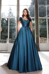 Teal sweetheart feather A-line evening dress