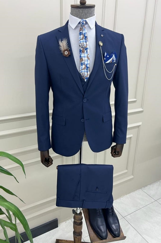 Navy Notched Lapel Three-Piece Slim Collar Prom Suit