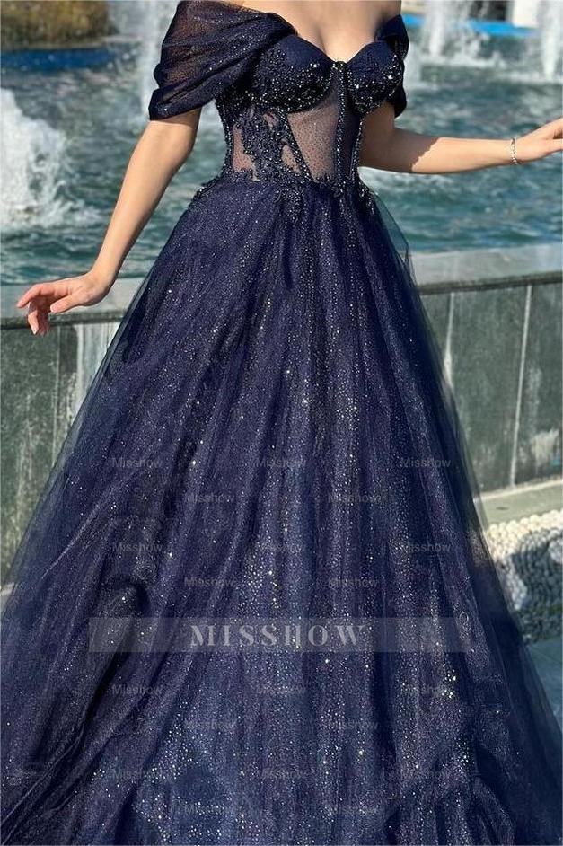 Navy Off-the-Shoulder Sweetheart A-Line Tulle Beaded Sequin Floor Formal Evening Gown