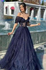 Navy Off-the-Shoulder Sweetheart A-Line Tulle Beaded Sequin Floor Formal Evening Gown