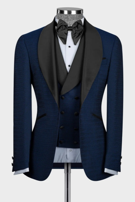 Navy Shawl Lapel Three-Piece Suit for Men