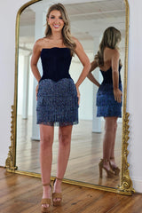 Navy Strapless Velvet Boned Corset Glitter Fringe Tiered Open Back Bodycon Homecoming Dress Mini