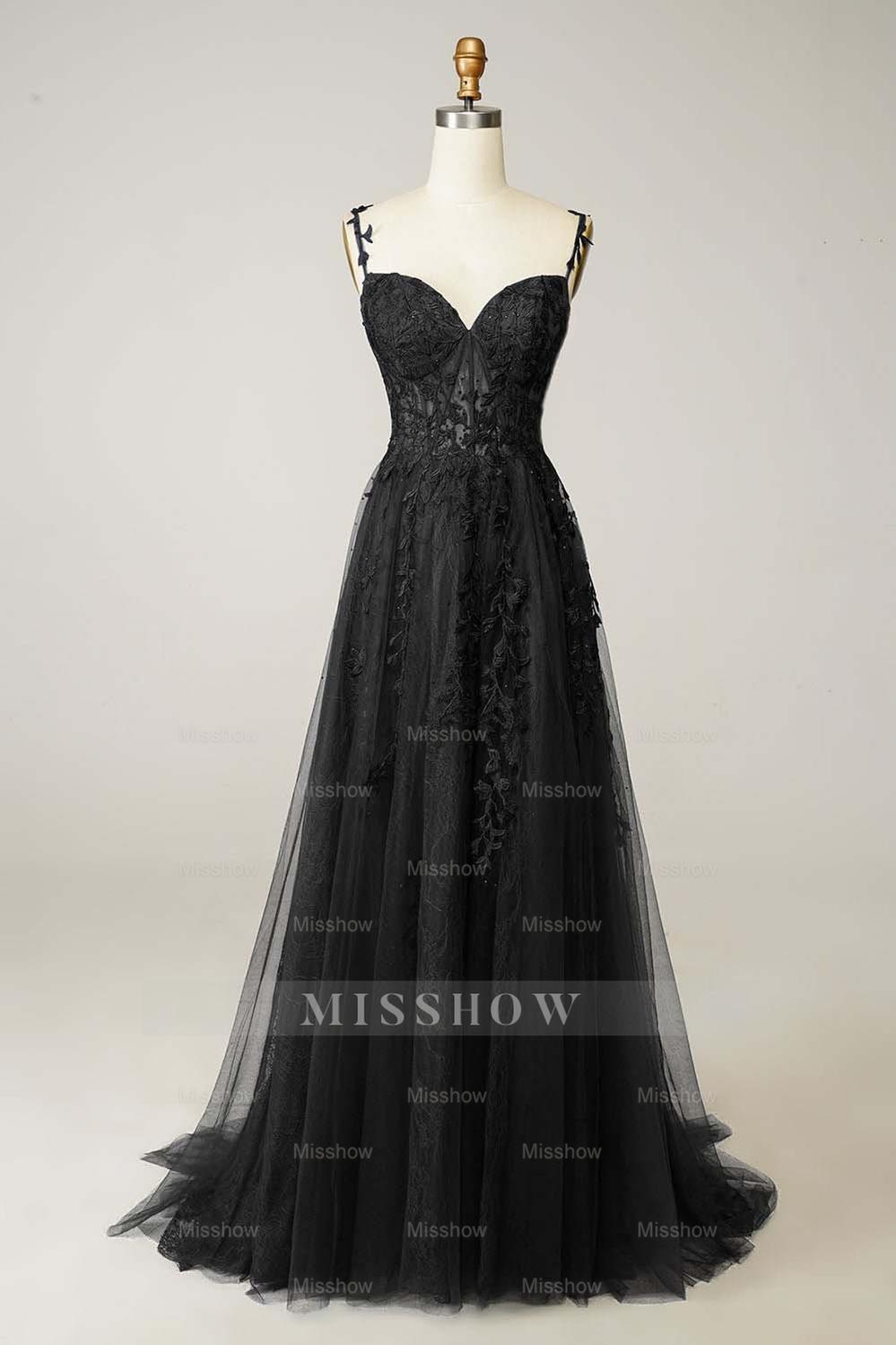 Navy Sweetheart Sleeveless A-line Tulle Lace Applique Floor Length Formal Evening Dress