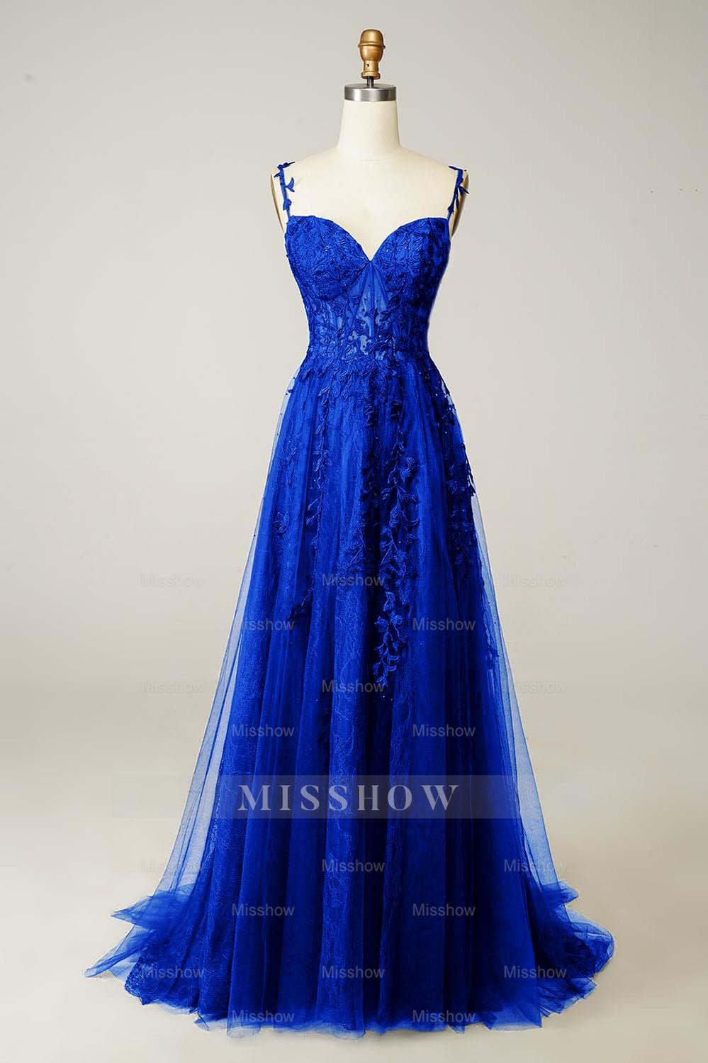 Navy Sweetheart Sleeveless A-line Tulle Lace Applique Floor Length Formal Evening Dress