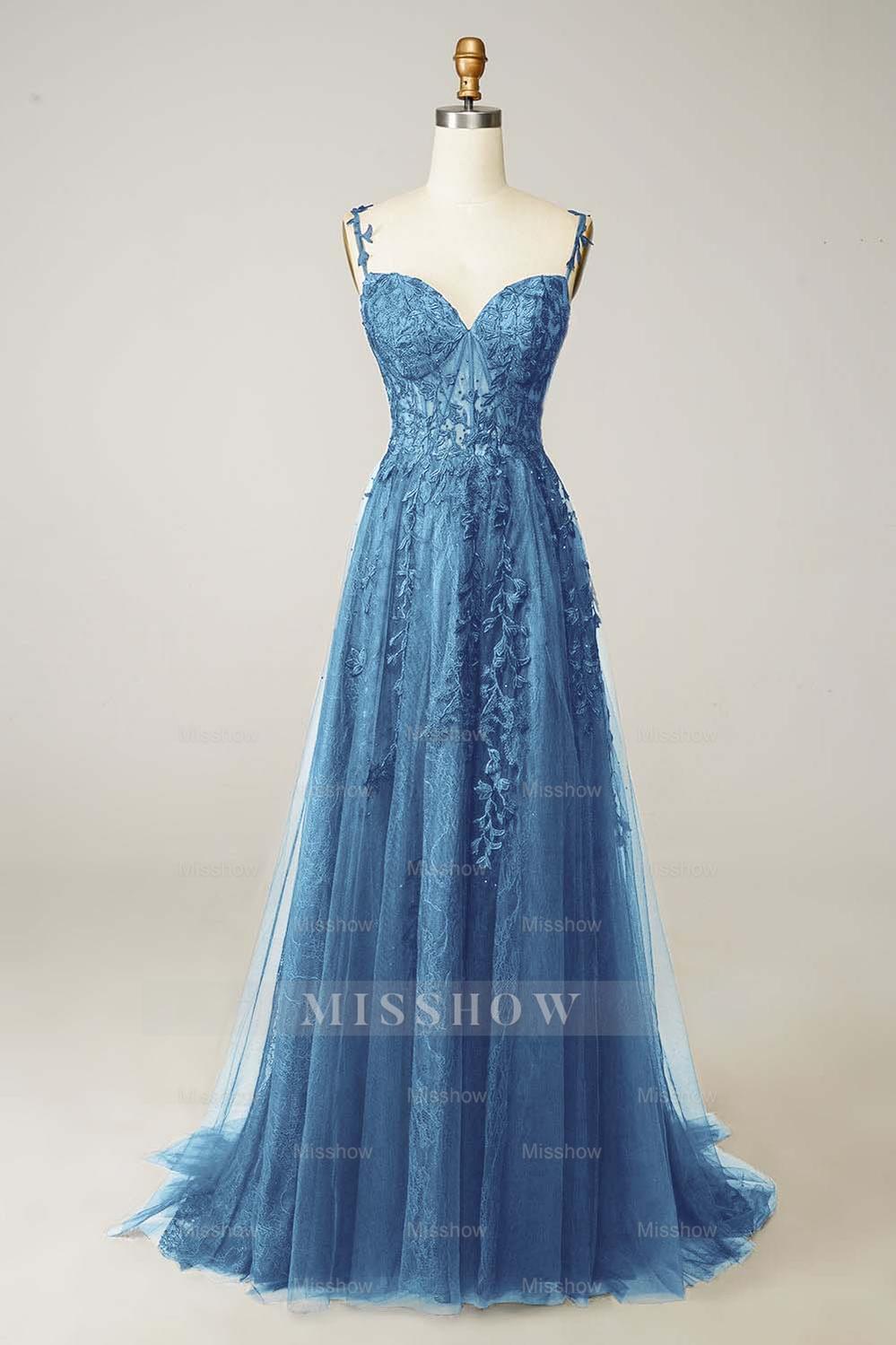 Navy Sweetheart Sleeveless A-line Tulle Lace Applique Floor Length Formal Evening Dress