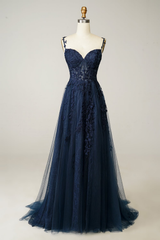 Navy Sweetheart Sleeveless A-line Tulle Lace Applique Floor Length Formal Evening Dress
