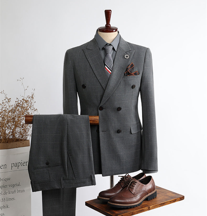 New Arrival Dark Gray Peak Lapel Double Breasted Checkered Men’s Suits