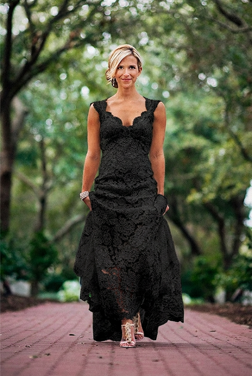 Black v-neck lace a-line wedding dress