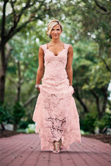 Blushing pink v-neck lace a-line wedding dress