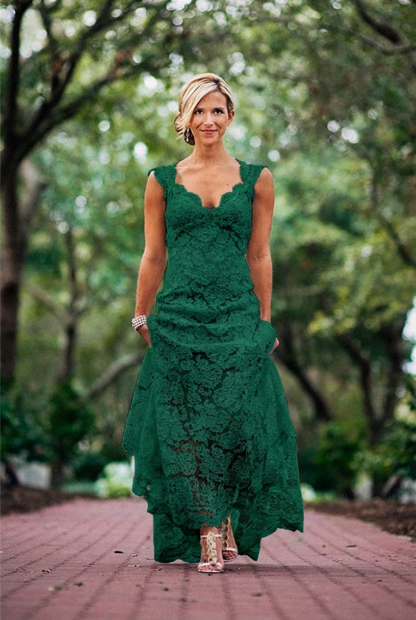 Dark green v-neck lace a-line wedding dress