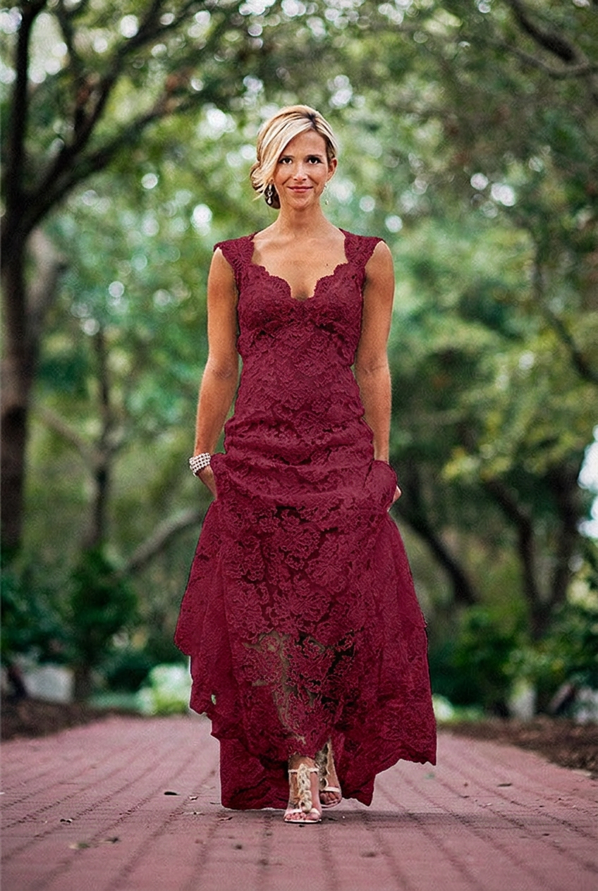 Burgundy v-neck lace a-line wedding dress