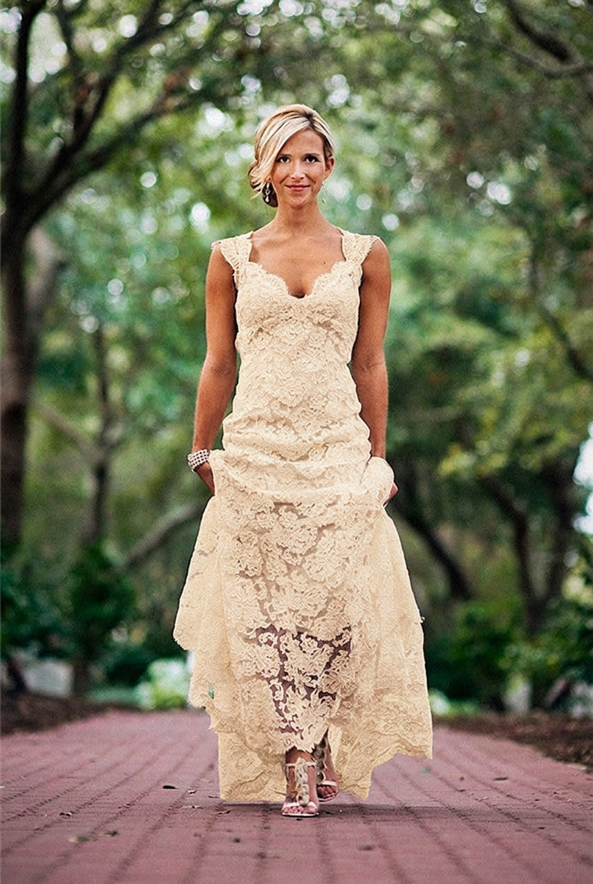 Champagne v-neck lace a-line wedding dress