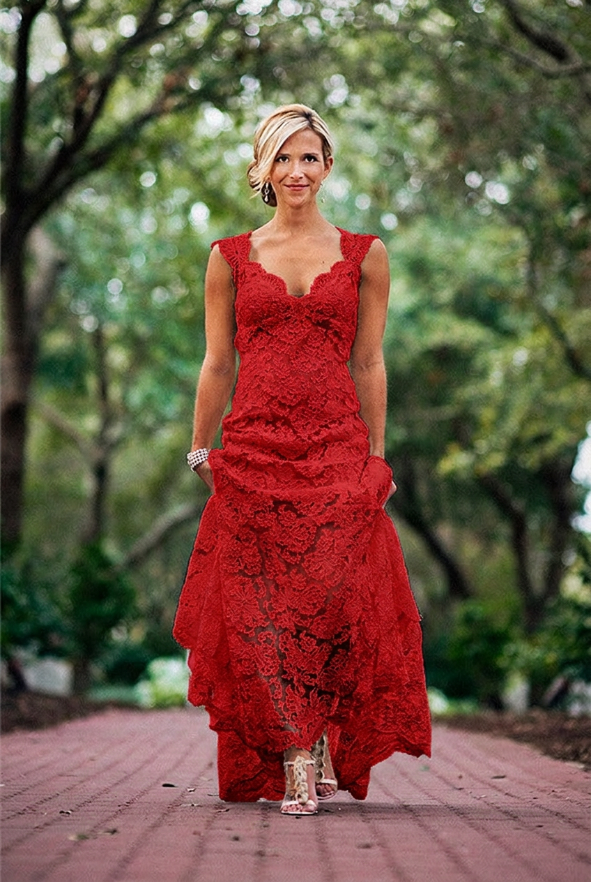 Red v-neck lace a-line wedding dress