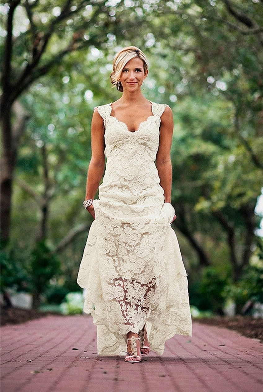 Ivory v-neck lace a-line wedding dress
