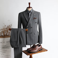 New Arrival Gray Striped Peak Lapel Double Breasted Business Men’s Suits