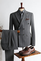 New Arrival Gray Striped Peak Lapel Double Breasted Business Men’s Suits