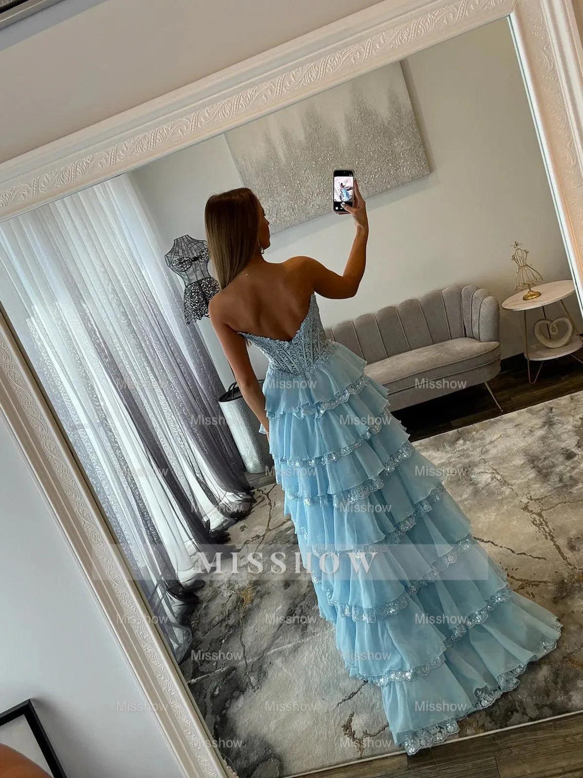 Sky blue strapless split-front A-line prom dress