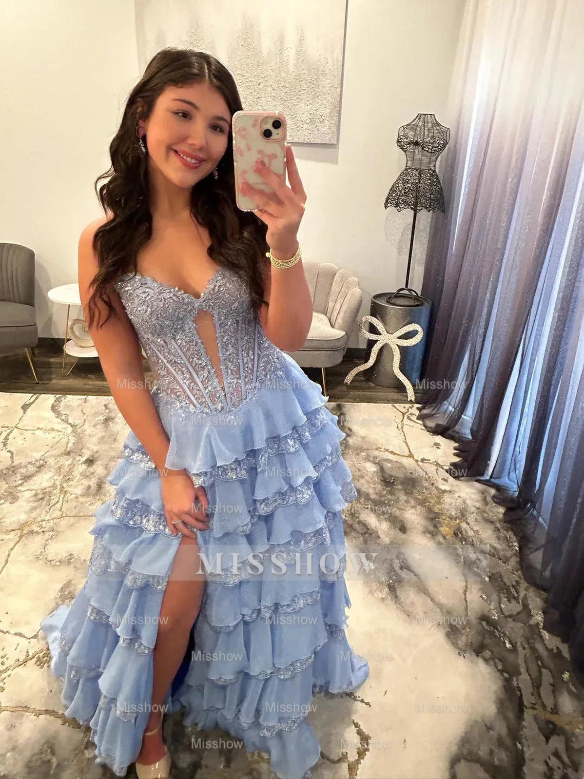 Sky blue strapless split-front A-line prom dress