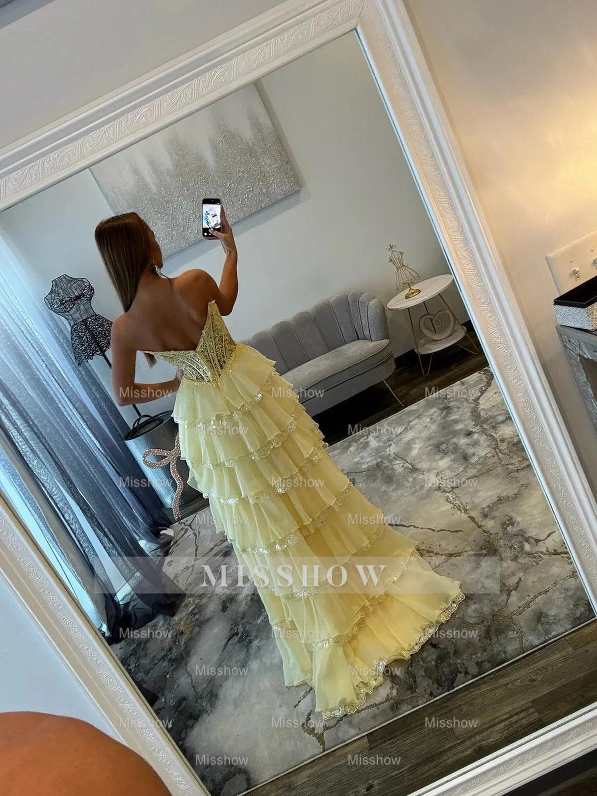 Daffodil strapless split-front A-line prom dress
