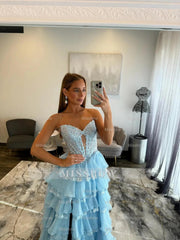 New Arrival Long Blue A-line Strapless Lace Prom Dress with Slit