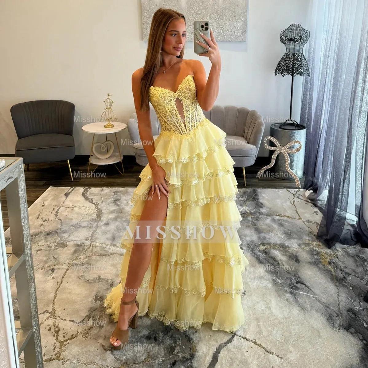 New Arrival Long Blue A-line Strapless Lace Prom Dress with Slit